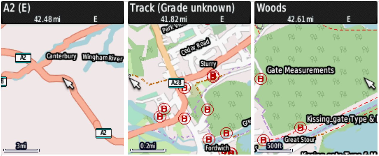Screenshot showing detail at the various zoom levels on a Garmin etrex. etrex-zoom